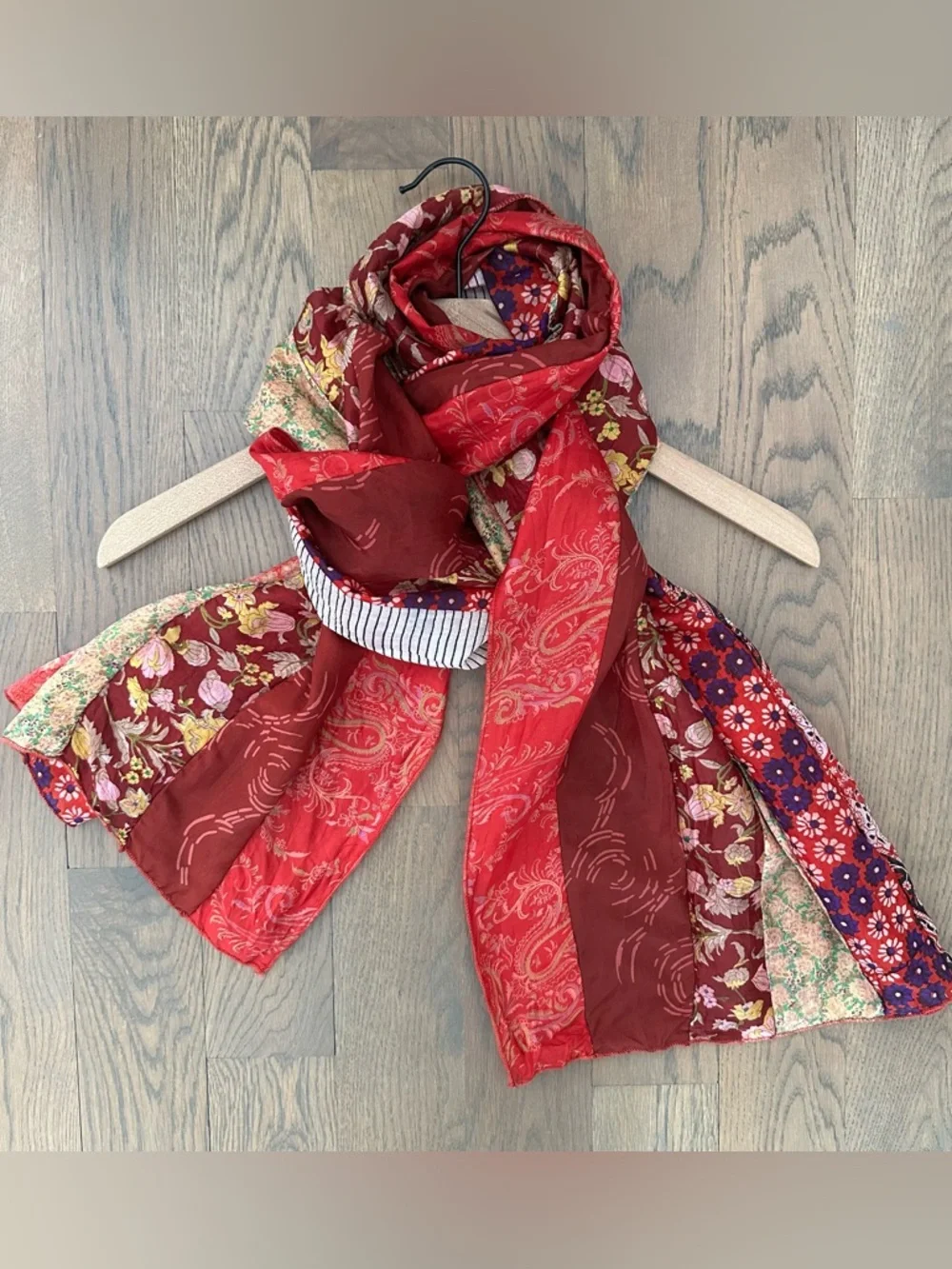 Vintage Patchwork Crinkle Floral Print Oblong 100% Silk Scarf 74